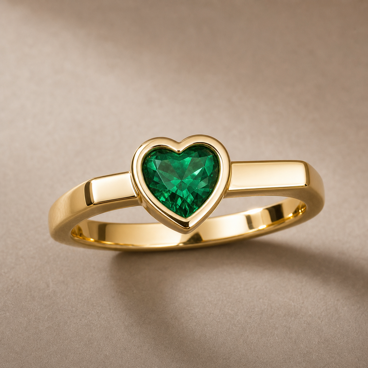 Gold-tone 304 stainless steel ring with a flat band and a heart-shaped green stone in a bezel setting