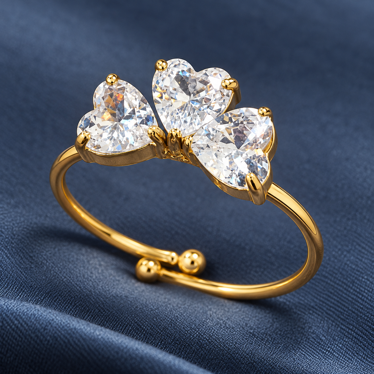 Gold-tone 304 stainless steel open ring with three heart-cut clear crystals in prong settings and ball-end band ends, shown on a blue fabric
